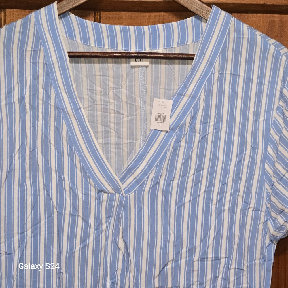 GAP Wmns Blue White Striped V-Neck‎ Short Sleeve Rayon Shift Dress S 595023-00-1